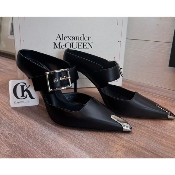 Alexander McQueen Black Buckle Heels w/ Silver Cap Toe | Size 41 NIB - Picture 1 of 3